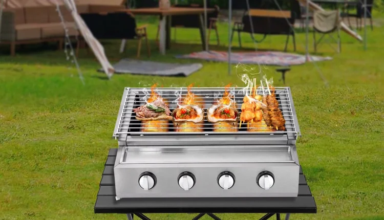 ZhdnBhnos 4-Burner BBQ Propane Gas Grill Stainless Steel Outdoor Camping Picnic Roast Smokeless Grill Portable Barbecue Griddle - MadeInUSA