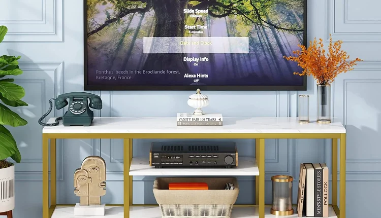 TJUNBOLIFE TV Stand  59 Inches Gold 3-Tier TV Console for TVs Up to 65" with Faux Marble Veneer  Sofa Console Entryway Table for Living Room - MadeInUSA