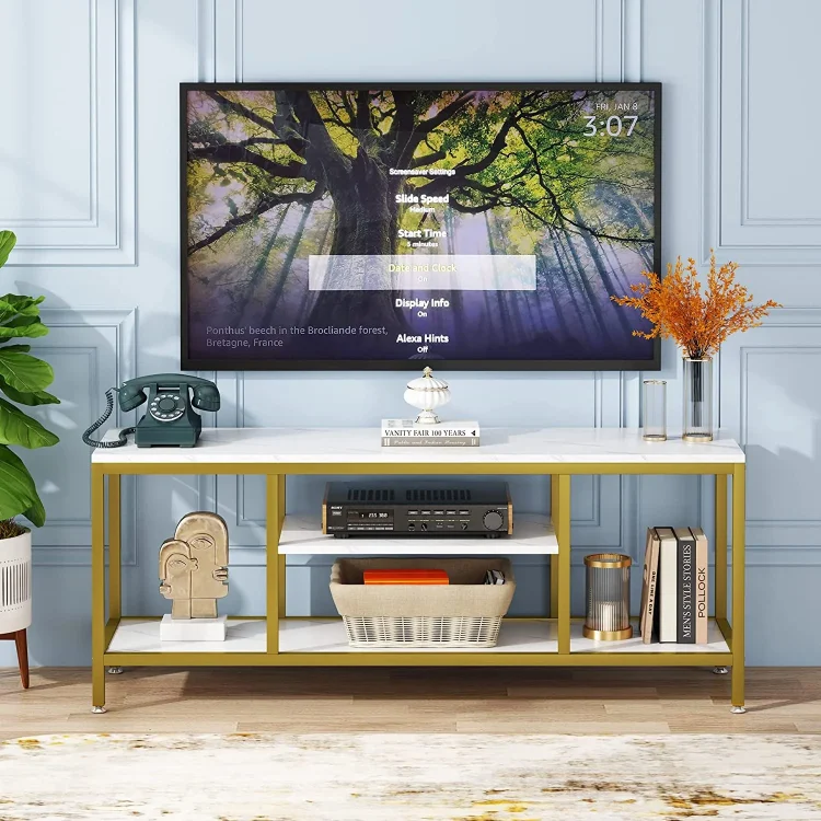 TJUNBOLIFE TV Stand  59 Inches Gold 3-Tier TV Console for TVs Up to 65" with Faux Marble Veneer  Sofa Console Entryway Table for Living Room - MadeInUSA