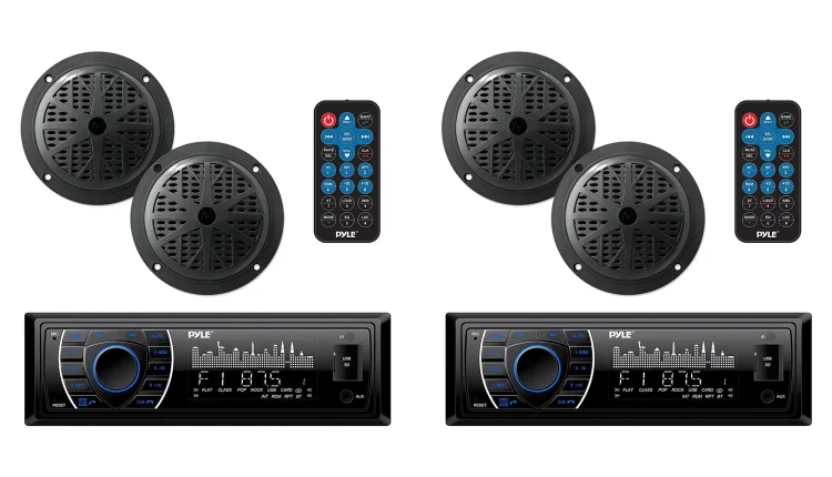 Pyle 5.25 Inch Bluetooth Marine Receiver Stereo & Speaker Kit, Black (2 Pack) - MadeInUSA