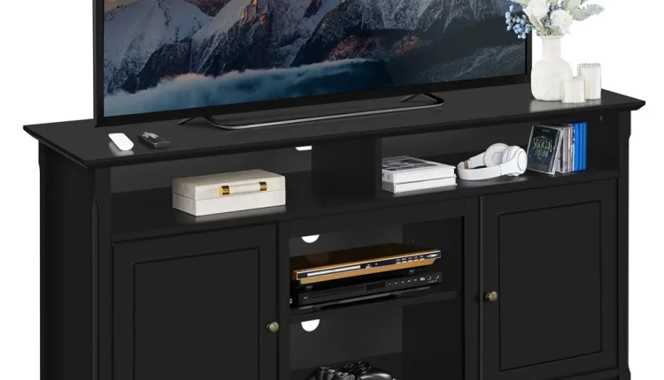 Topeakmart 58in Modern MDF TV Stand with Seperated Shelf & 6 Compartments for TVs up to 65in, Black - MadeInUSA