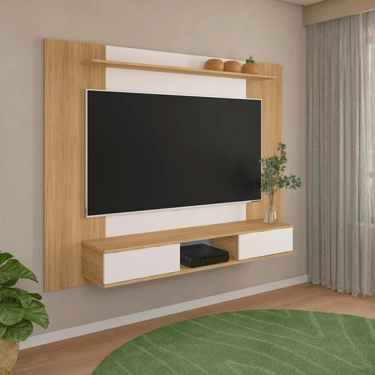 U-SHARE Deborah Floating Entertainment Center for up to 65 inch TVs, TV Wall Panel with LED Strip and Shelf, Floating TV Stand, White - MadeInUSA