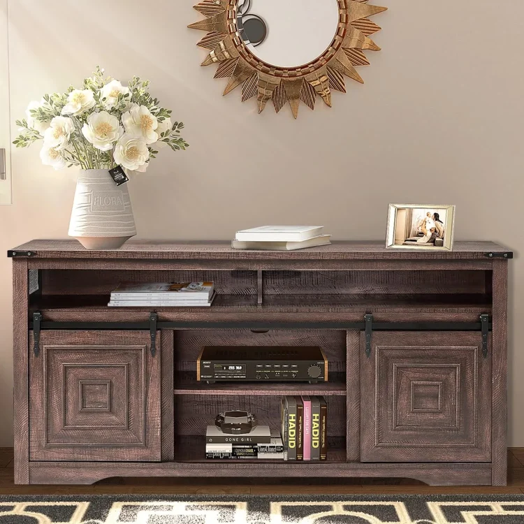 JYHOME Farmhouse TV Stand for TVs up to 75 inch  66" W Rustic Entertainment Center with Sliding Barn Doors Distressed Wood TV Cabinet Media Console Table for Living Room  Bedroom (Bro - MadeInUSA