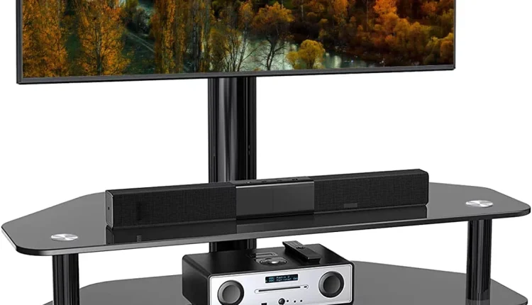 ZWNLKQG Swivel Corner Floor TV Stand with Mount for 32 37 43 47 50 55 60 65 inch  Curved Screen TVs  Adjustable 3-Tier Tempered Glass  Television Stand with Cable Management  Max VESA 600 - MadeInUSA