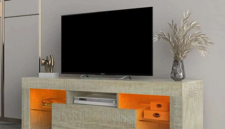 TV Stand with LED RGB Lights,Flat Screen TV Cabinet, Gaming Consoles - in Lounge Room, Living Room and Bedroom,GREY OAK - MadeInUSA