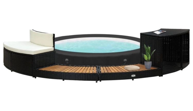 vidaXL Spa Surround Black Poly Rattan and Acacia Wood - MadeInUSA