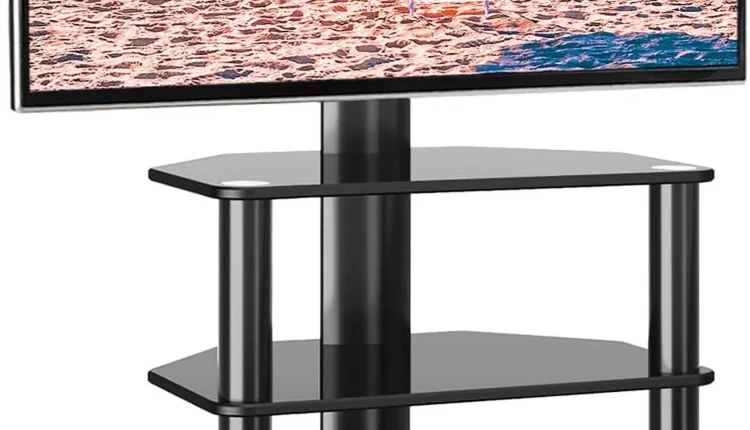 TJBOLIFE Swivel TV Stand with Mount for 32"-70" Flat Screen  Slim Corner Entertainment Floor TV Mount with 4-Tier Tempered Glass Media Shelves  Height Adjustable and Cable Managem - MadeInUSA