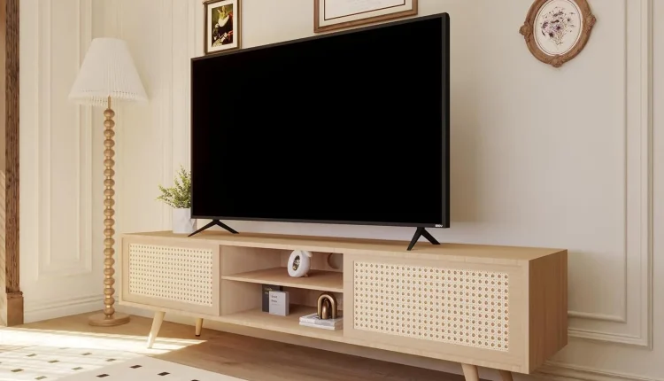 ZWNLKQG TV Stand  Modern Farmhouse Entertainment Center with   Rattan TV Console Sliding Door for   TV Console Table  Media Console Solid Wood Legs  Modern Table for Living Room - MadeInUSA