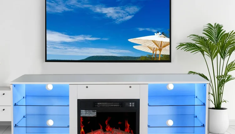 TV Stand With 18 Inch Electric Fireplace Heater,Modern Entertainment Center for TVs Up to 62 Inch With Adjustable Glass Shelves and Storage Cabinets ( White ) - MadeInUSA