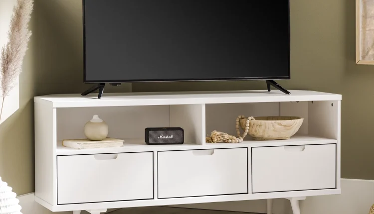 Walker Edison Modern 3-Drawer Solid Wood Corner TV Stand, White - MadeInUSA