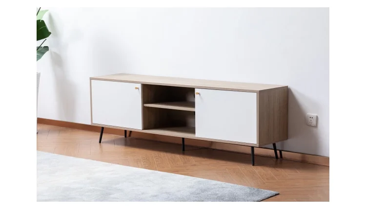 Blissful Nights Artisanal Abode Light Brown Wood Finish Tv Stand With 2 White Cabinets And Modular Shelves - MadeInUSA