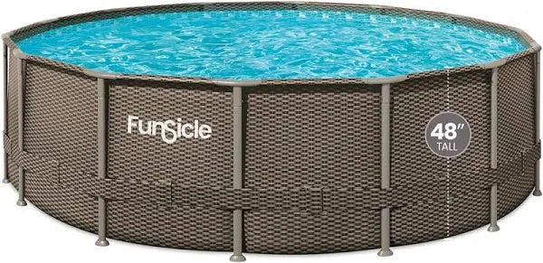 Funsicle 16ft x 48in Round Oasis Designer Above Ground Pool, Dark Double Rattan with SkimmerPlus Filter Pump & Ladder - MadeInUSA