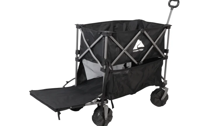 Ozark Trail Double Decker Folding Wagon with Extension Handle, Black - MadeInUSA
