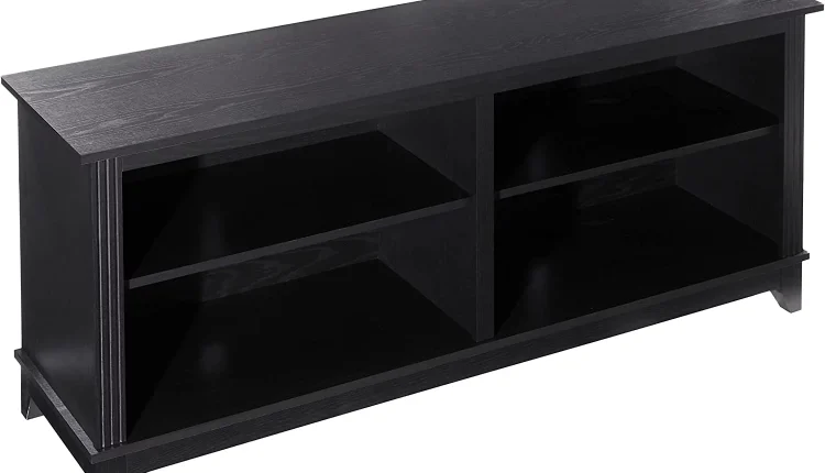 YILAN 58inch TV Stand Media Console for TV’s up to 65 Inches, Home Living Room Storage Console, Entertainment Center with 4 Open Storage Shelves, Modern TV Console Table (Black) - MadeInUSA
