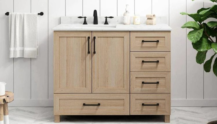 Glacier Bay Tobana 42 in. W x 19 in. D x 34.5 in. H Bath Vanity in Weathered Tan with White Cultured Marble Top - MadeInUSA