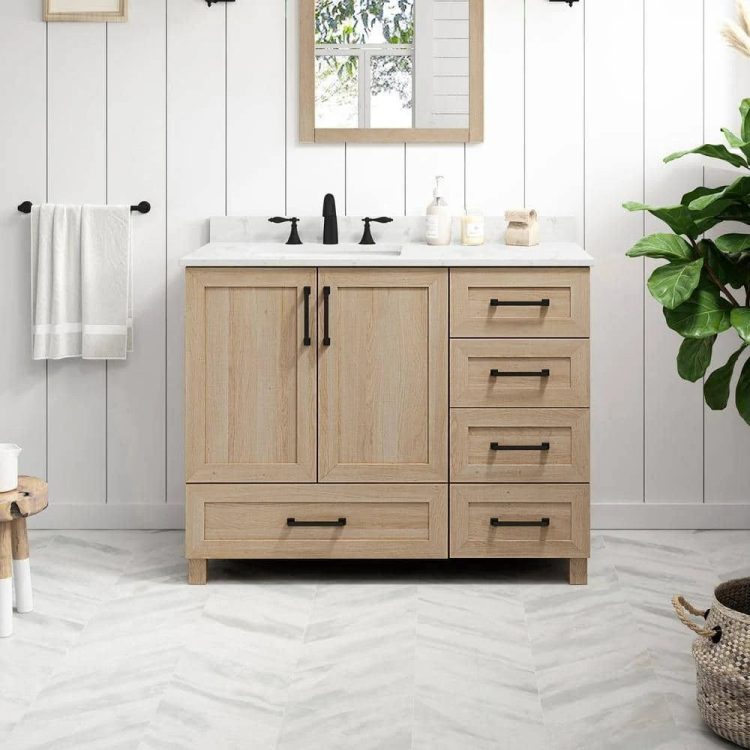 Glacier Bay Tobana 42 in. W x 19 in. D x 34.5 in. H Bath Vanity in Weathered Tan with White Cultured Marble Top - MadeInUSA