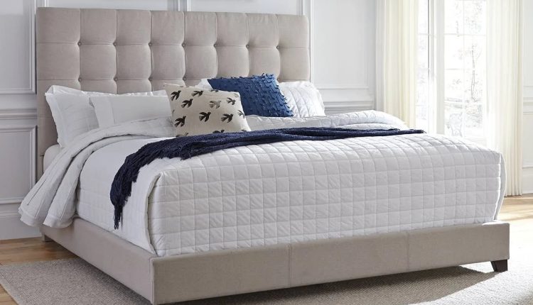Ashley Dolante King Upholstered Bed with Square Button Tufting, Beige - MadeInUSA