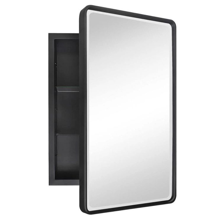 TEHOME Farmhouse 16 in. W x 24 in. H Recessed Rectangular Metal Framed Bathroom Medicine Cabinets with Mirror in Matt Black - MadeInUSA