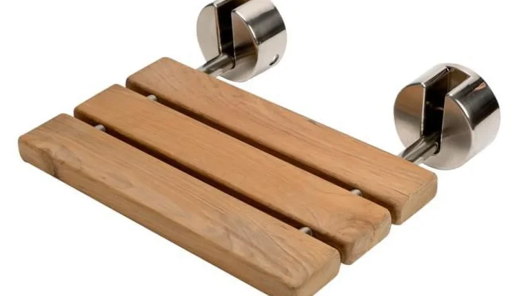 16 in. Folding Teak Wood Shower Seat Bench with Brushed Nickel Joints in Natural Wood - MadeInUSA