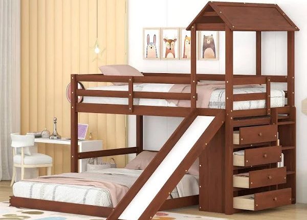 Euroco Twin Over Full House Bunk Bed with Slide and Functional Cabinet, Moveable Lower Full Bed for Kids Teens Adults, Storeage Shelf and 4 Big - MadeInUSA