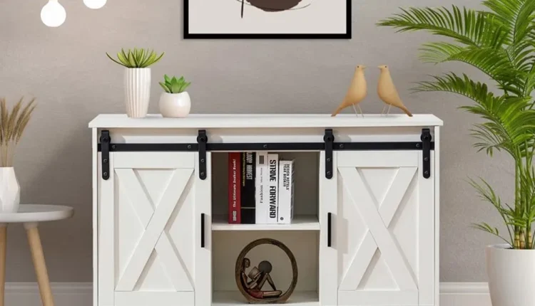 Wooden TV Stand, Entertainment Center Storage Cabinet with Two Sliding Barn Doors - MadeInUSA