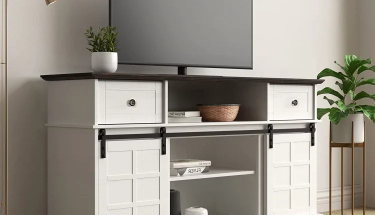 ONKER TV Stand for 65 inch TV, White Entertainment Center, Farmhouse TV Stands with Sliding Barn Door, Tall TV Console and Ideal Media Storage with Flip Drawers for Living Room - MadeInUSA