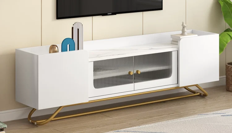 Sleek Design TV Stand with Fluted Glass, Contemporary Entertainment Center for TVs Up to 65", Faux Marble Top TV Console Table with Gold Frame Base, White - MadeInUSA