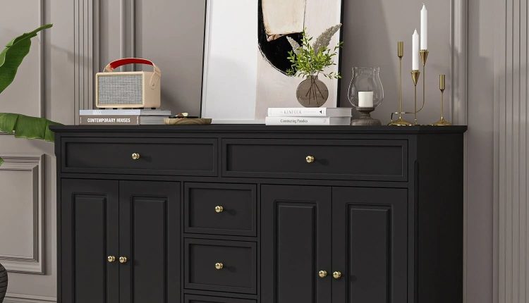 59.1''Sideboard Buffet White Mid-Century Modern Contemporary Lacquered - Black - MadeInUSA