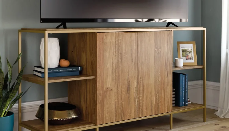 Sauder International Lux Modern TV Stand, for TVs up to 65", Sindoori Mango Finish - MadeInUSA