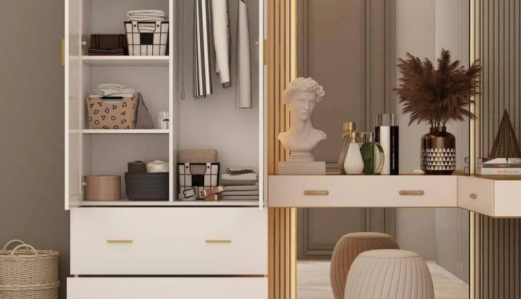 White 2-Door Armoires with Mirror, Hanging Rod, 2-Drawers and Storage - MadeInUSA
