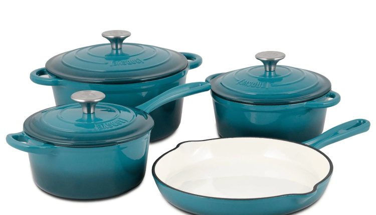 Basque Enameled Cast Iron Nonstick Cookware 7 Piece Set Biscay Blue - MadeInUSA