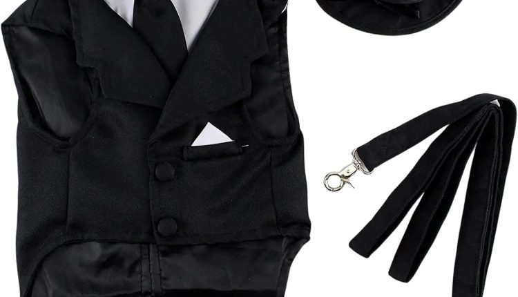 Midlee Dog Tuxedo Wedding Suit- Black Top Hat & Leash