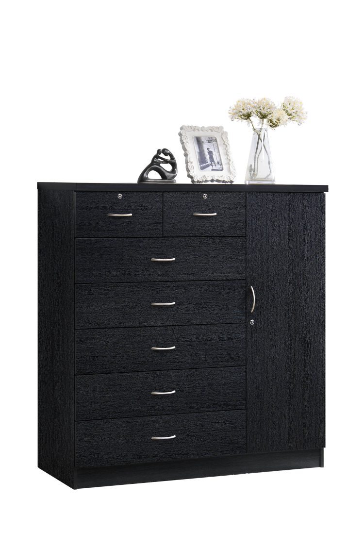 Hodedah 7 Drawer Chest with Locks on 2 Drawers and 1 Door in Black Wood - HI71DR Black - MadeInUSA