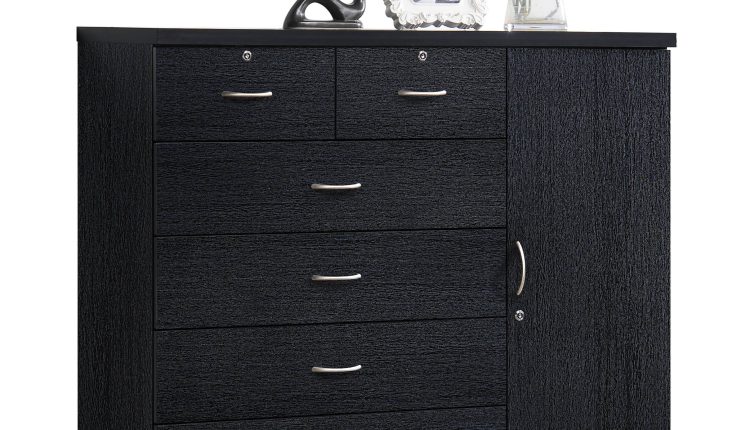 Hodedah 7 Drawer Chest with Locks on 2 Drawers and 1 Door in Black Wood - HI71DR Black - MadeInUSA