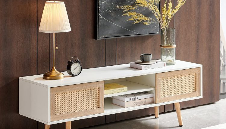 55.12"Rattan TV cabinet, double sliding doors for storage, adjustable shelf, solid wood legs, TV console for living room , White - MadeInUSA