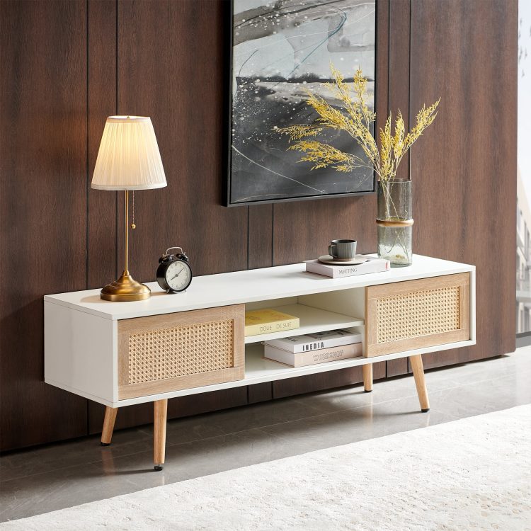 55.12"Rattan TV cabinet, double sliding doors for storage, adjustable shelf, solid wood legs, TV console for living room , White - MadeInUSA