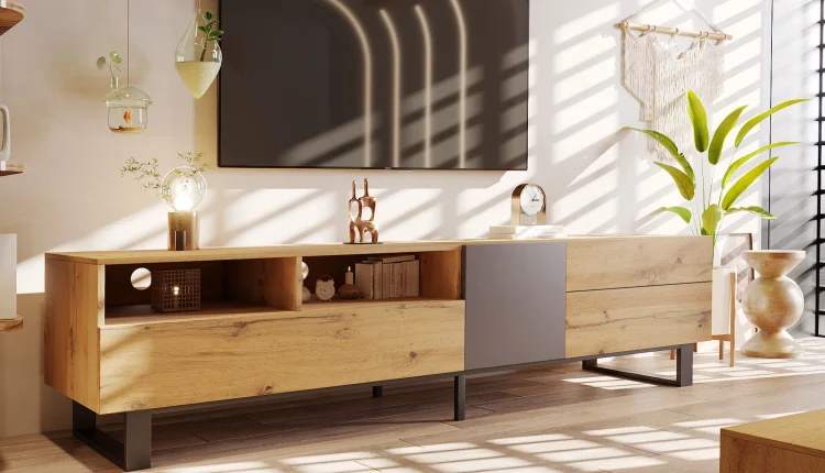 Modern TV Stand for 80'' TV with Double Storage Space, Media Console Table, Entertainment Center with Drop Down Door for Living Room, Bedroom, Home Theatre - MadeInUSA