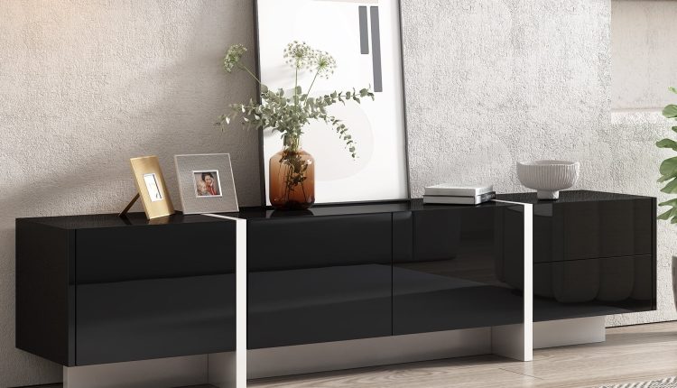 EUROCO Mid-Century Modern TV Stand Up to 80"Contemporary Rectangle ,Unique Style TV Console Table with Cabinet&High Gloss UV Surface for Living Room Bedroom - MadeInUSA