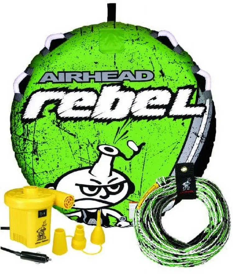 Airhead Rebel Kit | 1 Rider Towable Tube w/Rope & Pump, Multi, One Size (AHRE-12) - MadeInUSA