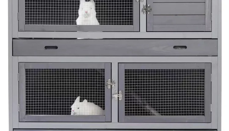 Rabbit Hutch Indoor&Outdoor with Wheels/2.6 Deep Plastic Trays/Ramp/Divider, Large Cages for Guinea Pigs/Bunnies with 2 Floors Separable&4 Lockable Doors, Weatherproof, Grey, 41.3 L*17.3 W*41.3 H - MadeInUSA