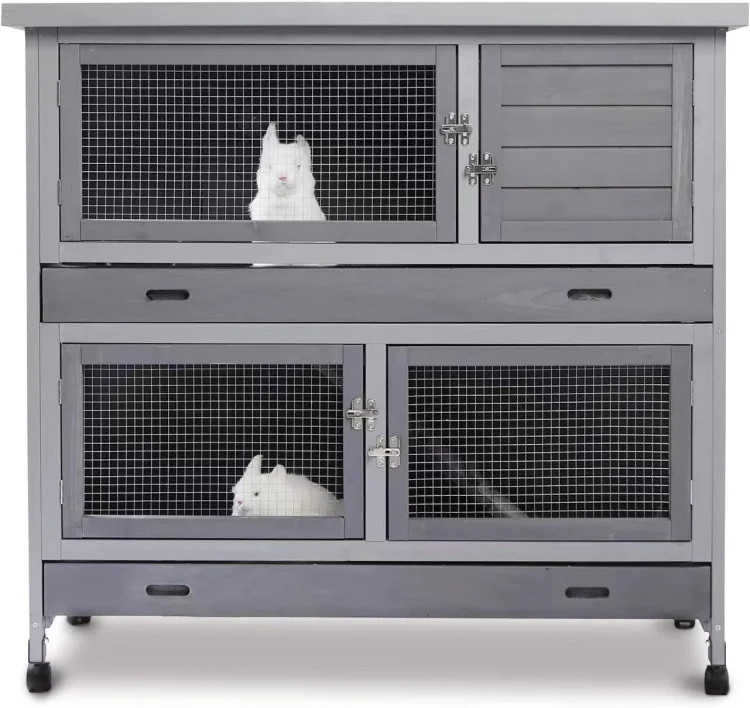 Rabbit Hutch Indoor&Outdoor with Wheels/2.6 Deep Plastic Trays/Ramp/Divider, Large Cages for Guinea Pigs/Bunnies with 2 Floors Separable&4 Lockable Doors, Weatherproof, Grey, 41.3 L*17.3 W*41.3 H - MadeInUSA