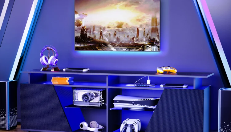 SULIVES PS5 Gaming Entertainment Center with Power Outlet, Fits 75"TVs, LED TV Stand, Ideal for Living Room or Bedroom (67'' Black) - MadeInUSA