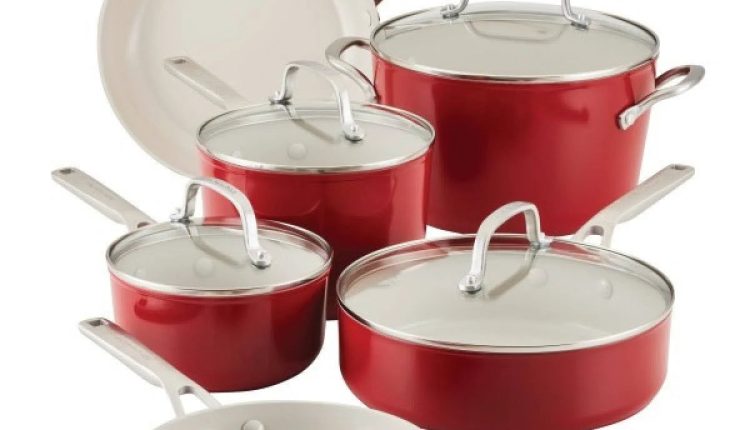 KitchenAid Hard-Anodized Ceramic Nonstick 10-Piece Cookware Set, Empire Red - MadeInUSA