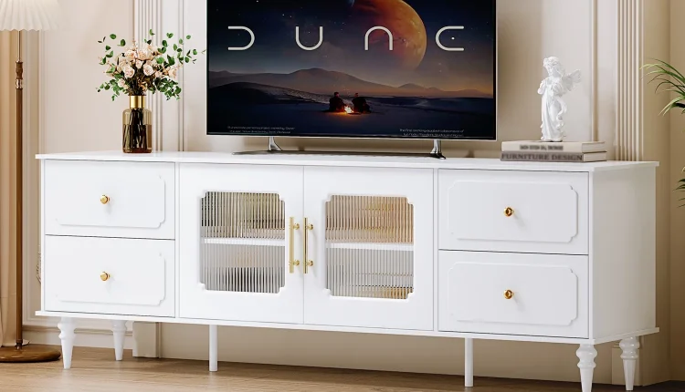 TV Stand for 75+ Inch TV, Modern Living Room Entertainment Center with Storage Cabinets,TV Table, Media Console with Ajustable Shelves & Cable Management, with 4 Large Storage Drawers - MadeInUSA