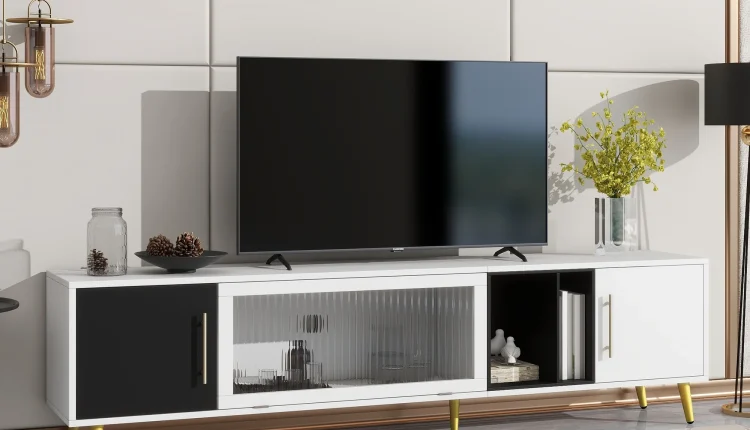 ON-TREND Stylish TV Stand with Golden Metal Handles&Legs, Two-tone Media Console for TVs Up to 80", Fluted Glass Door TV Cabinet with Removable Compartment for Living Room, White - MadeInUSA