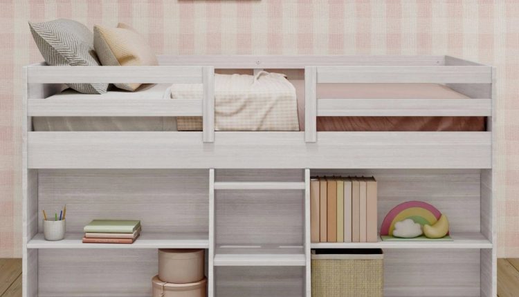 Max & Lily Modern Farmhouse Low Loft Bed, Twin Bed Frame for Kids with 2 Bookcases, White Wash - MadeInUSA