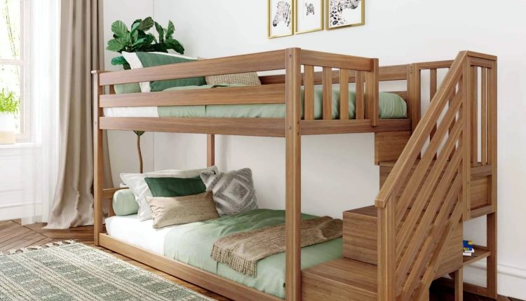 Max and Lily Twin Over Twin Low Bunk Bed with Staircase - Pecan - MadeInUSA