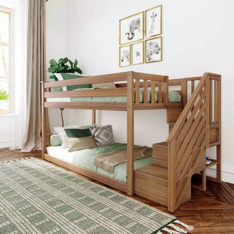 Max and Lily Twin Over Twin Low Bunk Bed with Staircase - Pecan - MadeInUSA