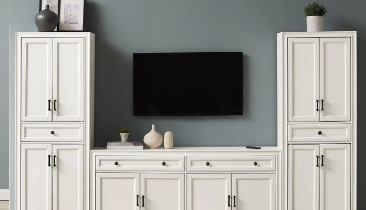 Crosley Furniture Tara 3PC Entertainment Set Distressed White - Sideboard & 2 Pantries - MadeInUSA