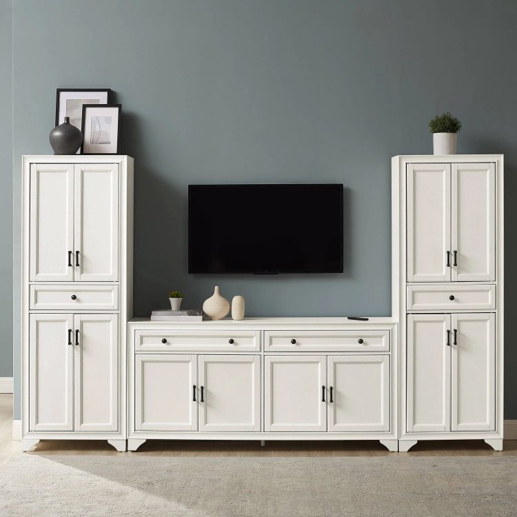 Crosley Furniture Tara 3PC Entertainment Set Distressed White - Sideboard & 2 Pantries - MadeInUSA